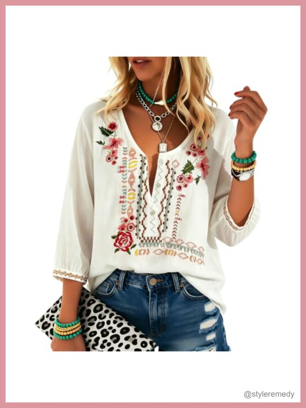 Mexican Embroidered Tunic Top Peasant Blouse Boho Floral Rayon